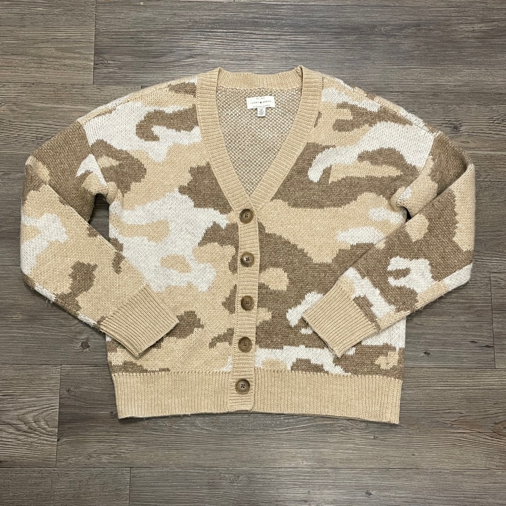 Lucky Brand Camouflage Cardigan Sweater, Desert Sand Tan, Size S/P NWOT